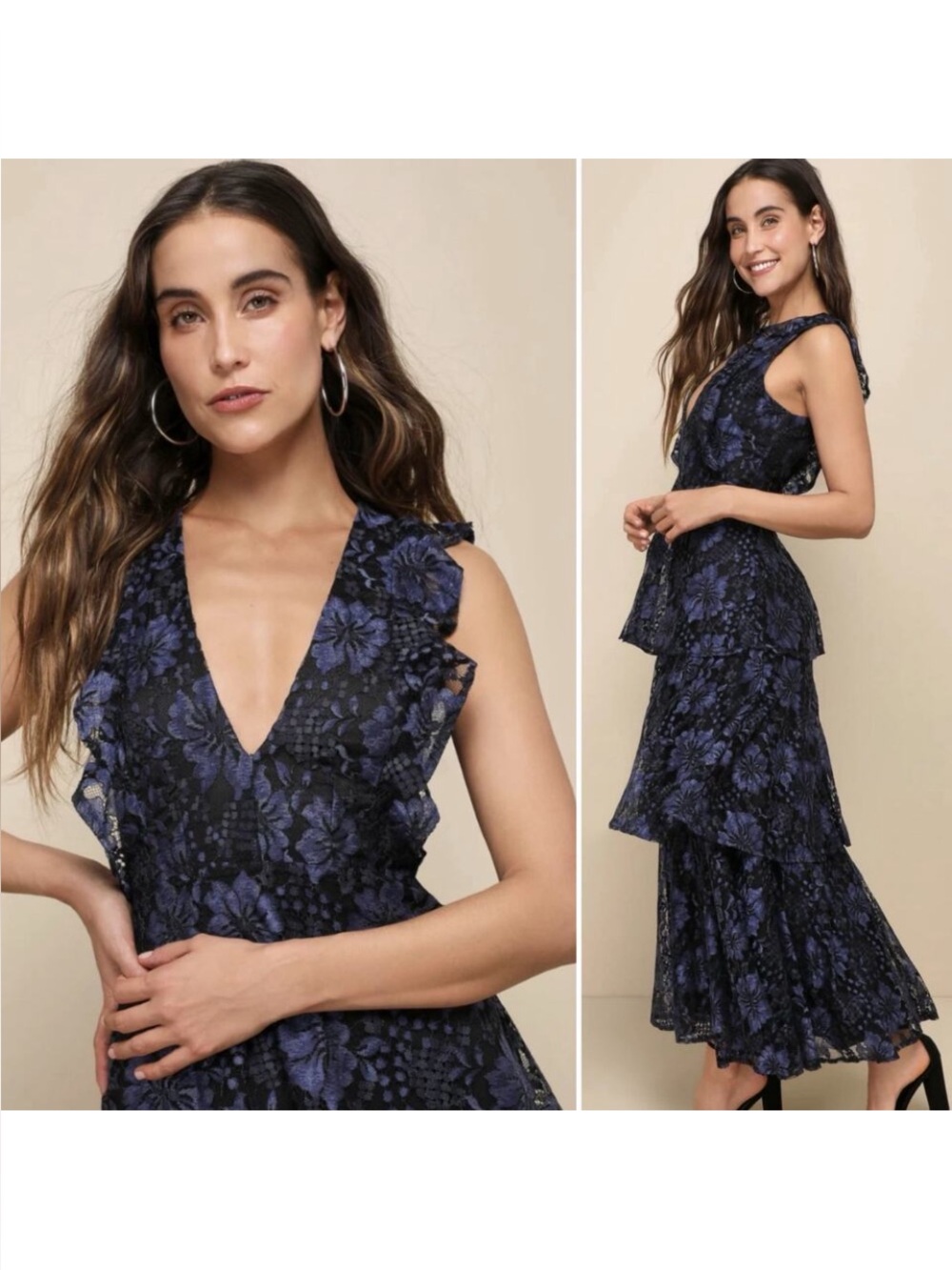 Lulus Molinetto Navy Floral Lace Maxi Dress sz small